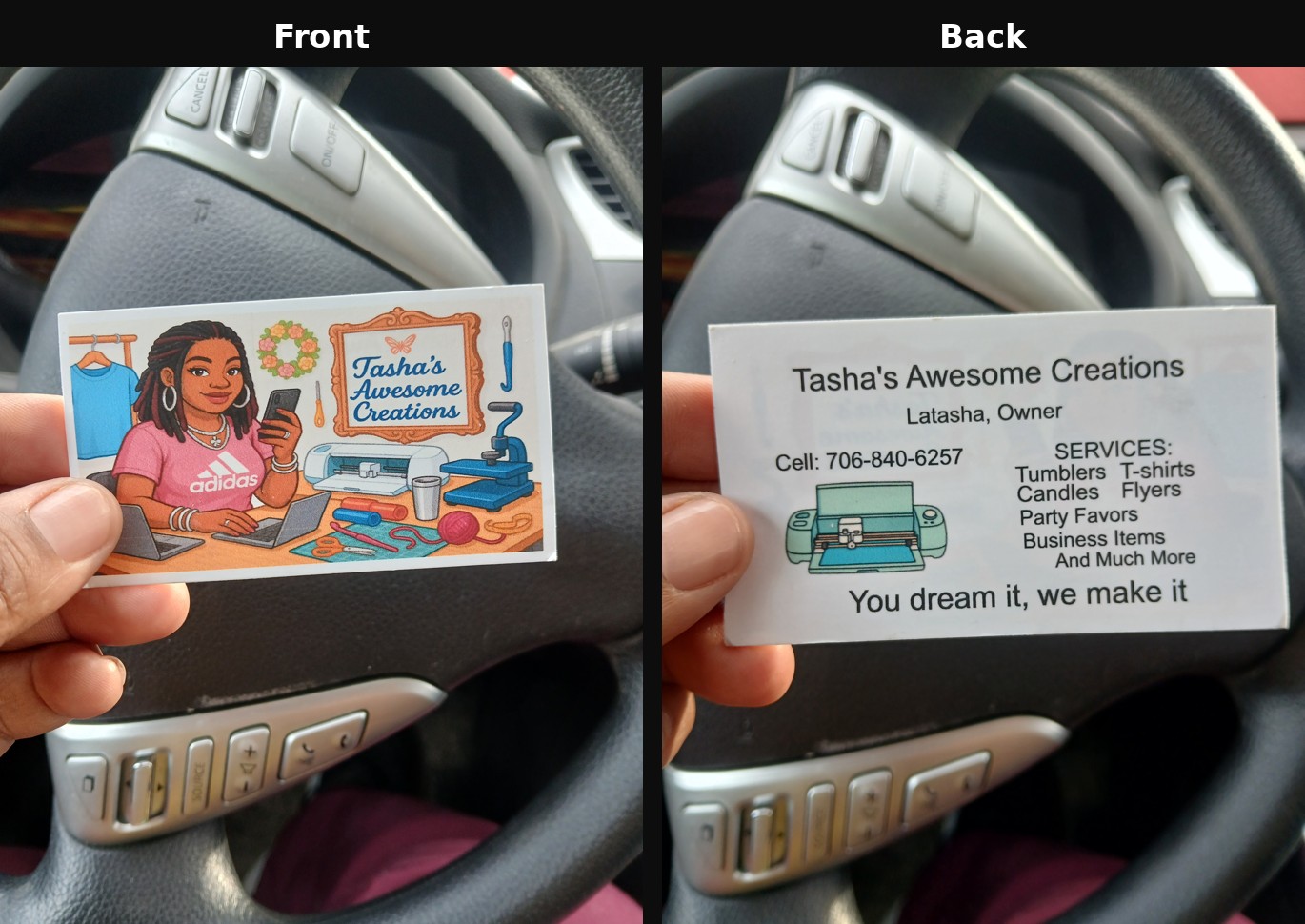 Custom business card example, front and back