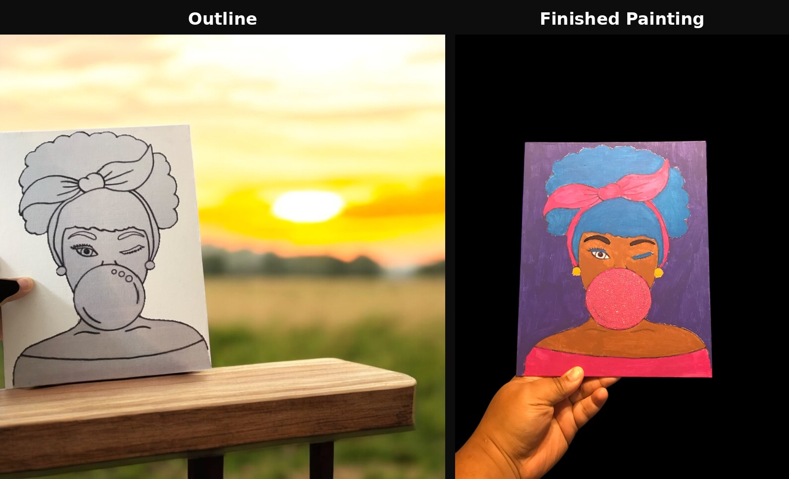 Sip and paint canvas example, outline and finished