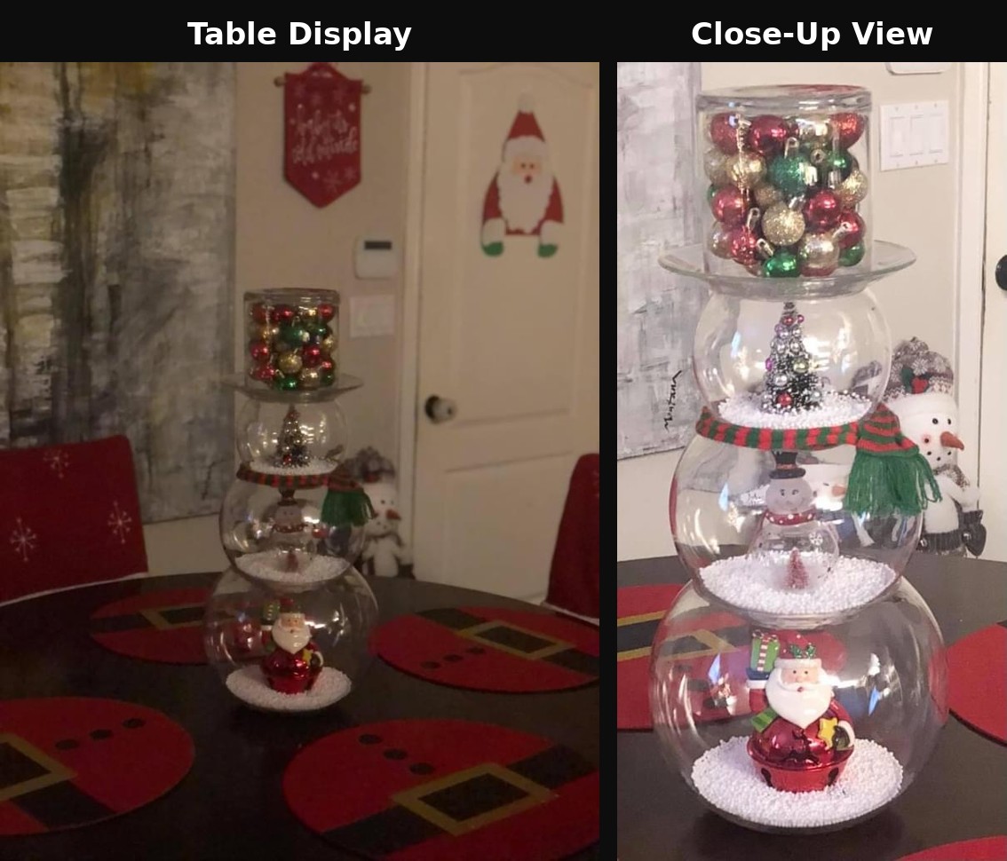 Handmade stacked glass snowman centerpiece example
