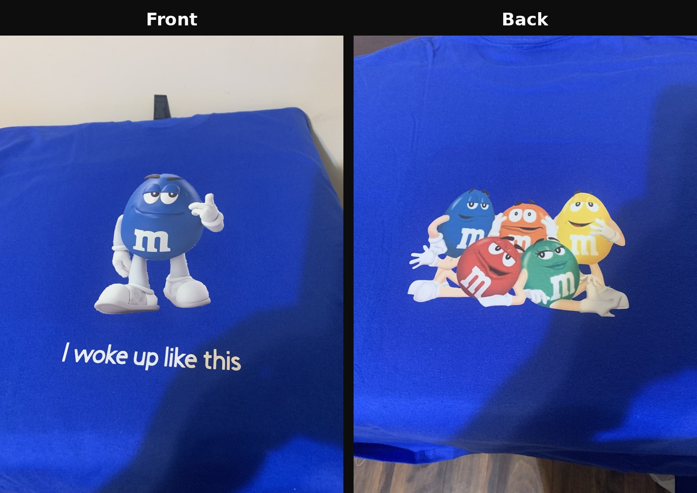 Custom blue graphic t-shirt example, front and back
