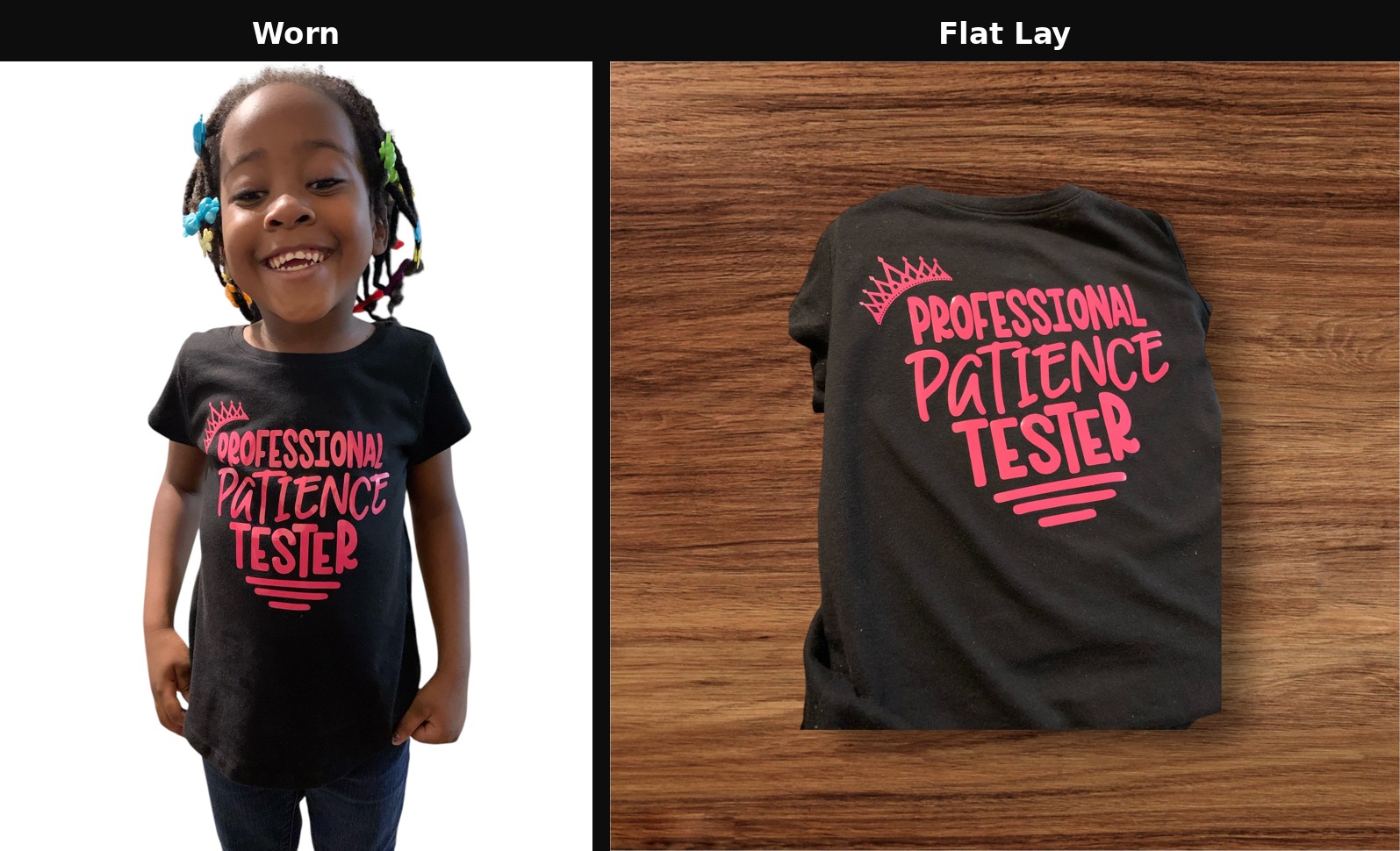 Custom kids graphic t-shirt example, worn and flat lay
