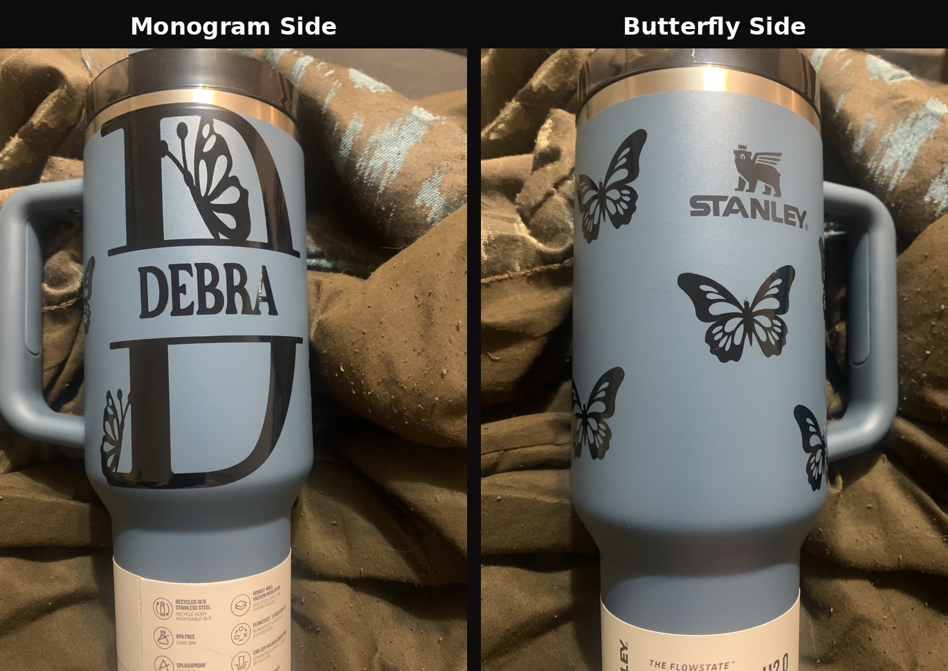 Custom monogram tumbler example, both sides