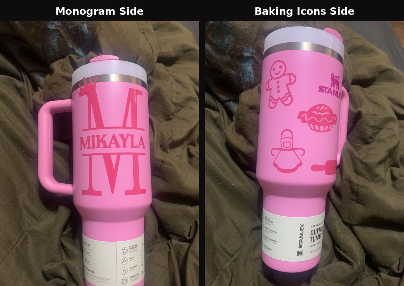 Custom pink monogram tumbler example, both sides