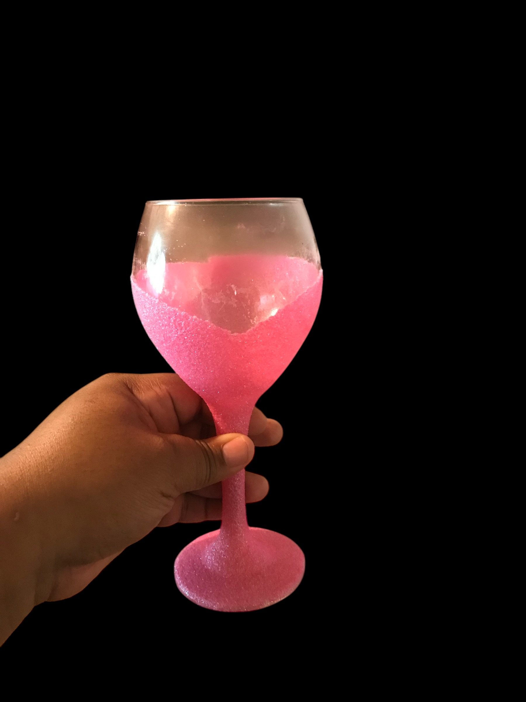 Custom pink glitter wine glass example